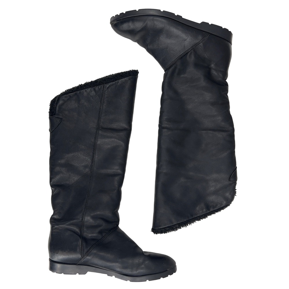 Vintage Cougar Black Leather Knee High Winter Boots Fur Lined Size 9.5 Cozy Chic